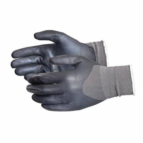 Superior Glove Dexterity S13FNTFB10 reusable string nylon gloves with foam nitrile 3/4 coated palms in grey, size 10.