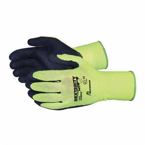 Superior Glove Dexterity S13HVLX-7 Hi-Viz yellow polyester reusable gloves with micropore foam latex-coated palms, size 7.