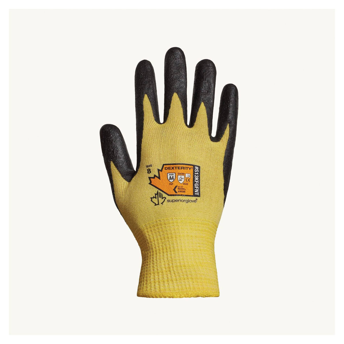 Superior Glove Dexterity S13KFGFNT1 reusable blended Kevlar gloves with foam nitrile-coated palms, size 11.