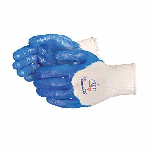 Superior Glove Dexterity S15NT-10 reusable seamless cotton gloves with nitrile-coated palms, size 10, 15-gauge for enhanced grip.