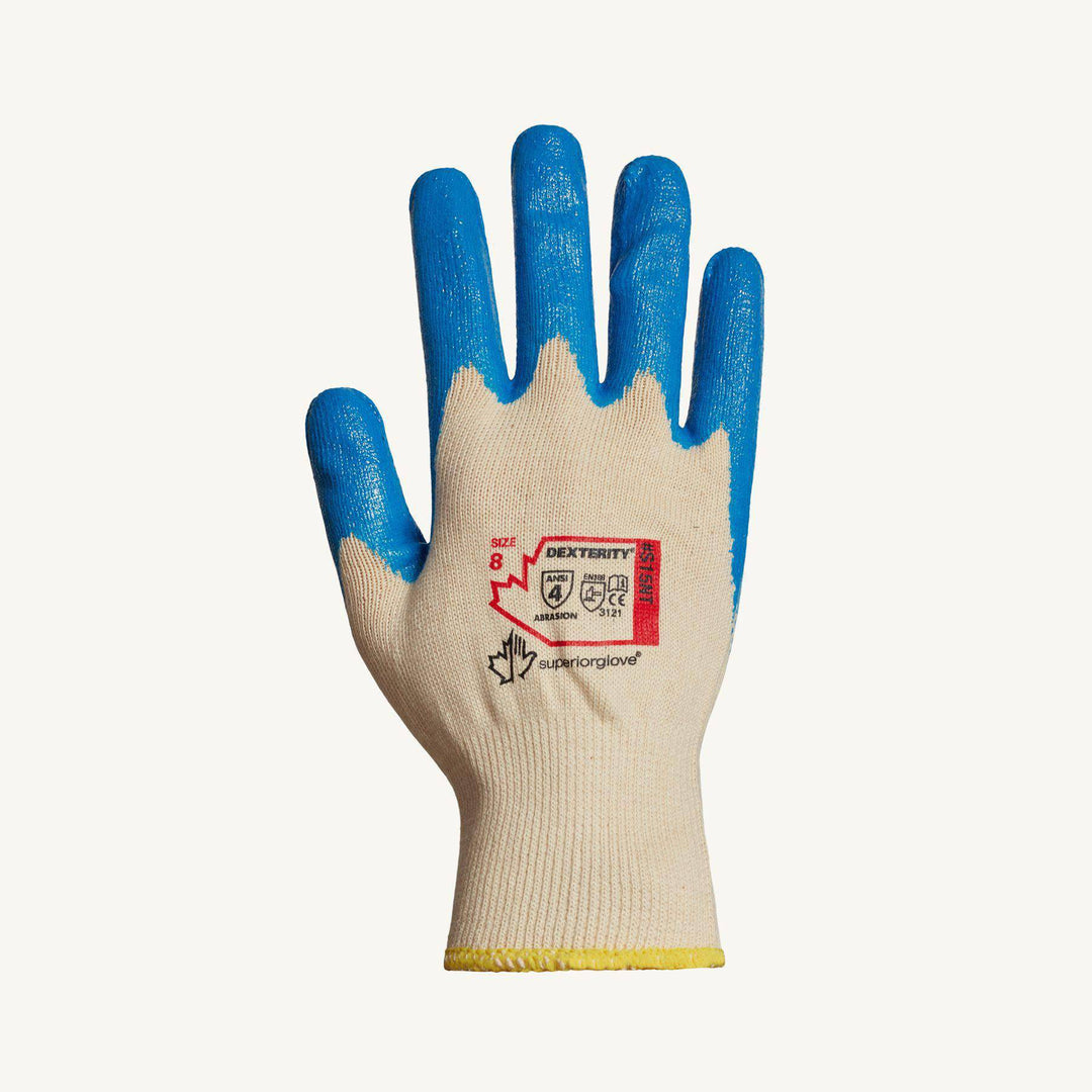 Superior Glove Dexterity S15NT-5 seamless cotton gloves with nitrile-coated palms, 15-gauge reusable gloves in size 5.