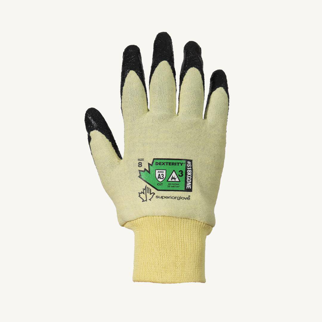 Superior Glove Dexterity S18KGDNE-9 18-gauge flame-resistant arc flash gloves with Kevlar and neoprene palms, size 9.