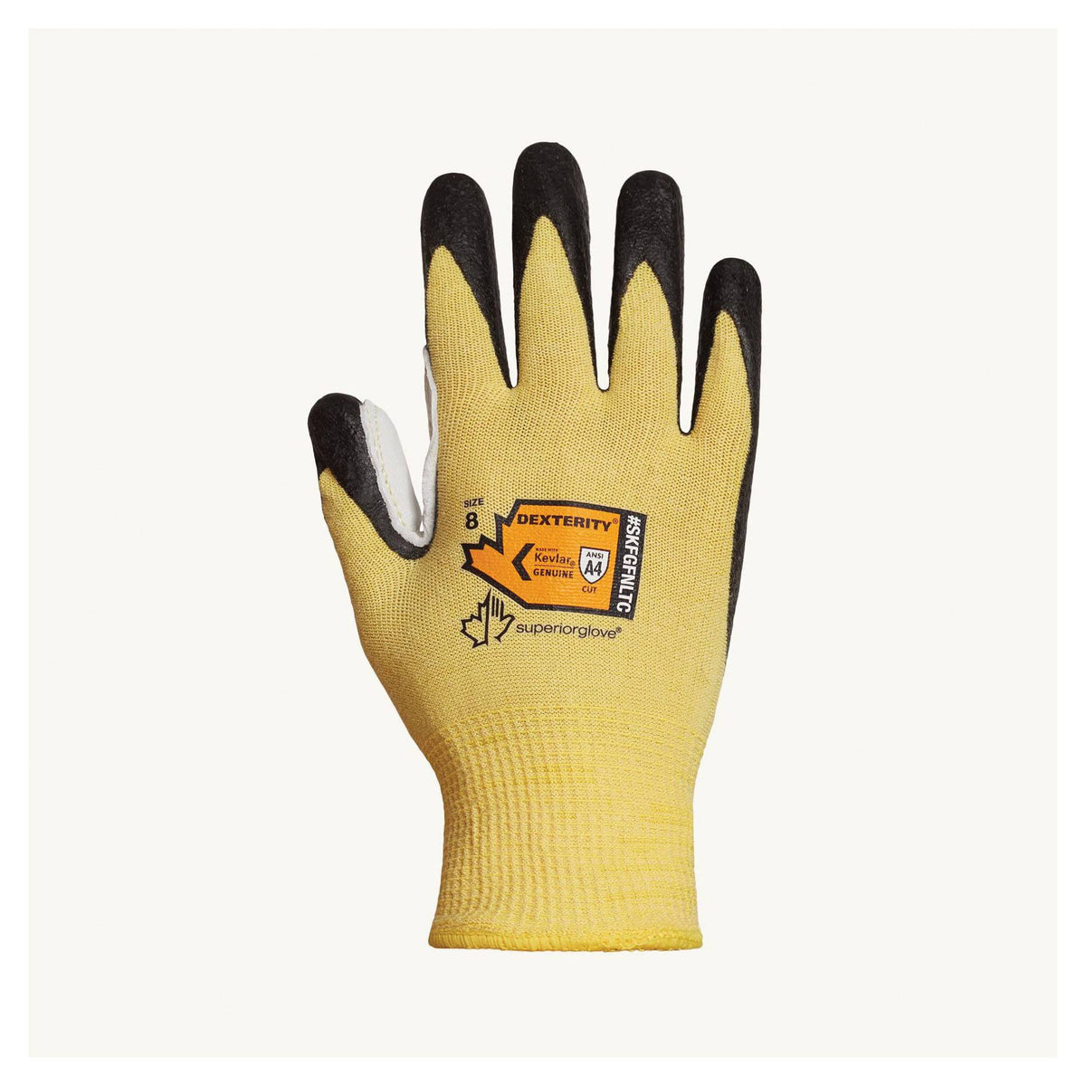 Superior Glove Dexterity SKFGFNLTC6 blended Kevlar reusable gloves with foam nitrile palms and leather thumb patch, size 6.