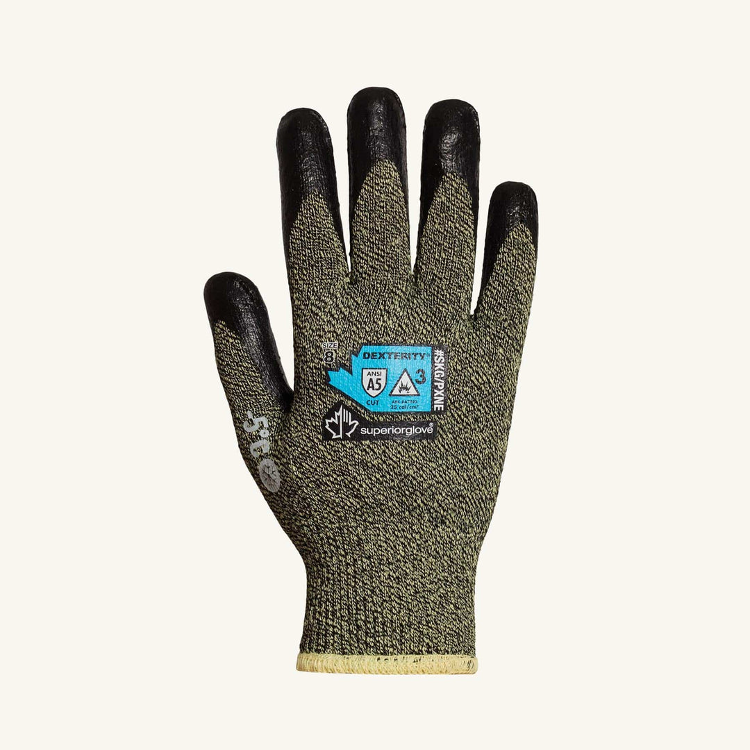 Superior Glove Dexterity SKG/PXNE-11 heat- and cut-resistant reusable gloves with blended Kevlar, Protex, and neoprene palms, size 11.