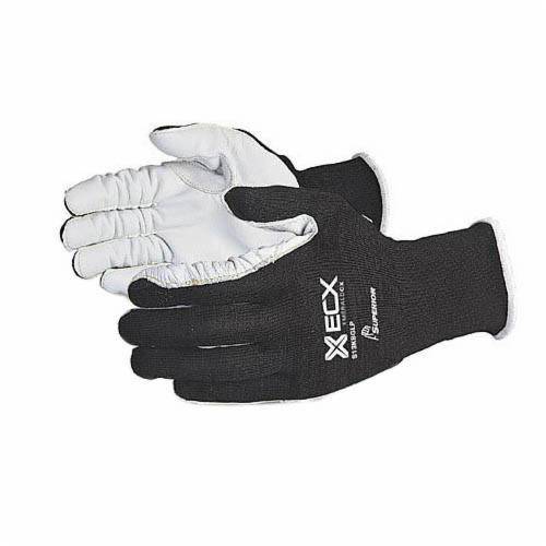 Black reusable Superior Glove Emerald CX S13KBGLP/X nylon and stainless steel gloves with leather palms and Kevlar stitching, X-large size.