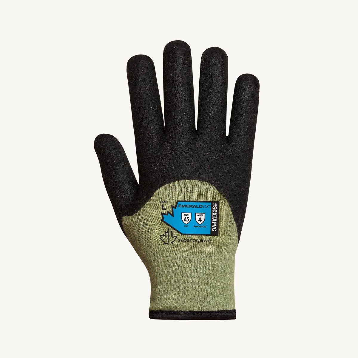 Superior Glove Emerald CX SCXTAPVC/S reusable gloves with Kevlar, steel, nylon, terry wool lining, and PVC-coated palms, small size.