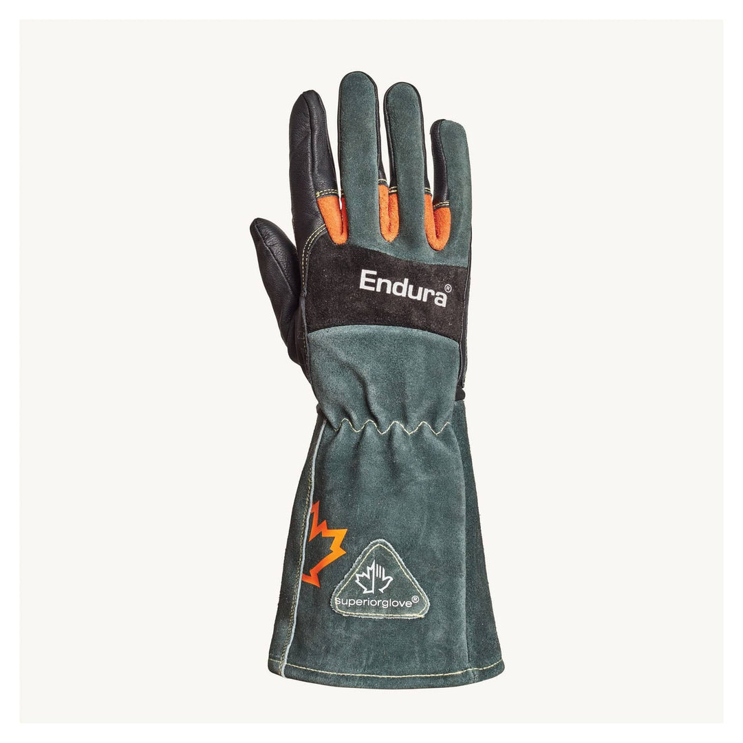 Black goat-skin reusable gloves by Superior Glove with TIG reinforced palm, Kevlar back, and 6-inch cuff, size large.