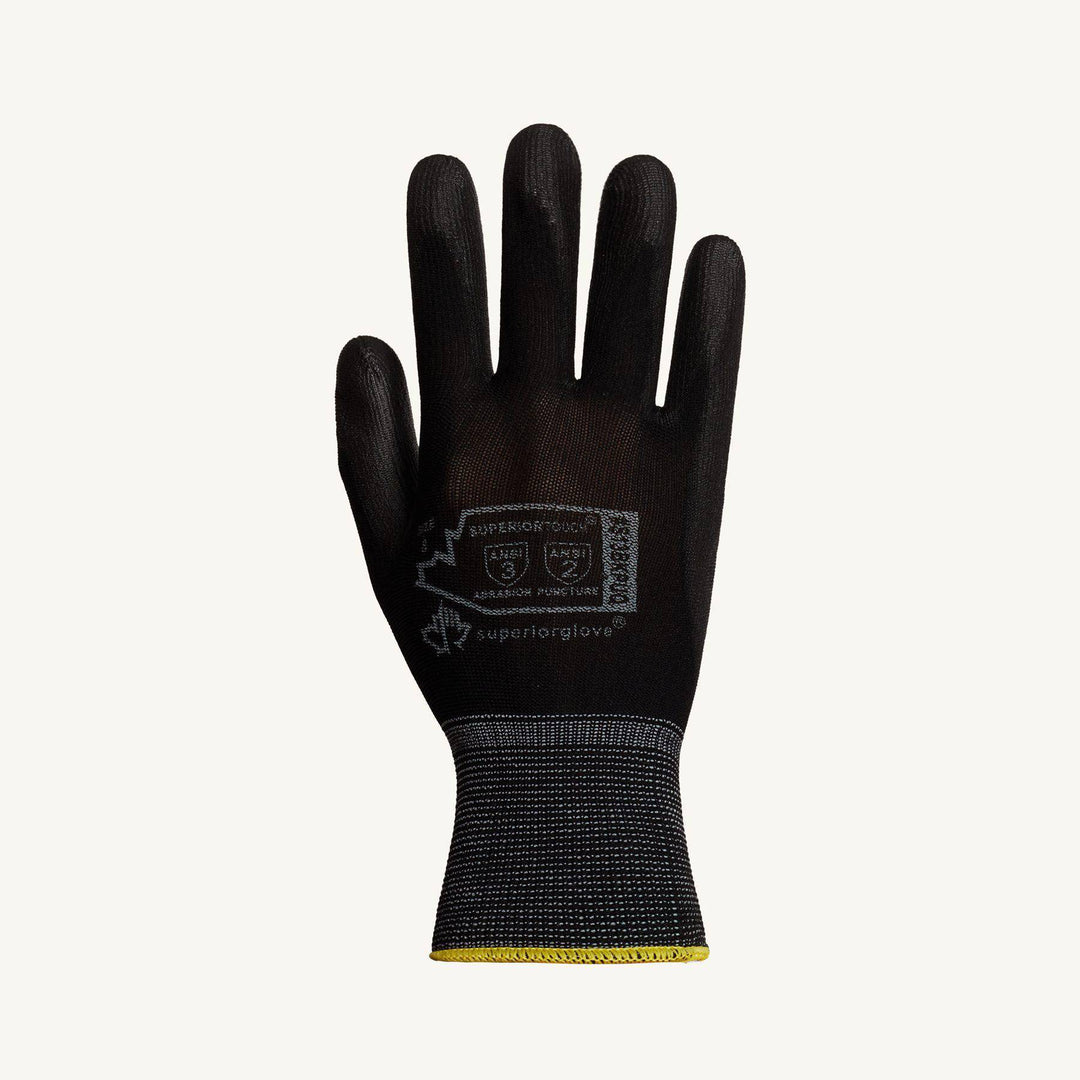 Black Superior Glove Superior Touch S13BKPUQ-5 seamless knit nylon reusable gloves with polyurethane-coated palms, size 5.