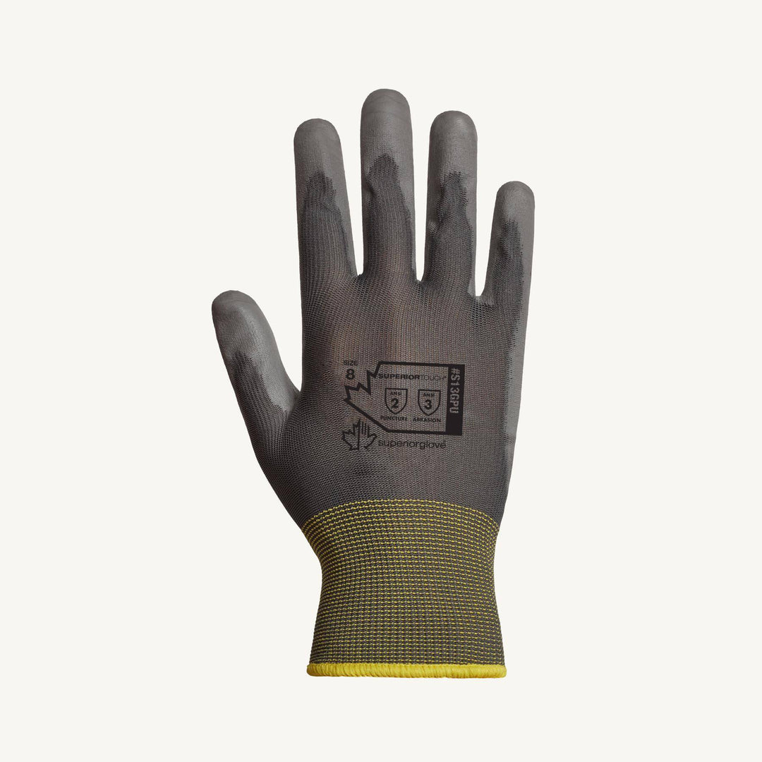 Grey Superior Glove Superior Touch S13GPU-11 knit nylon reusable gloves with polyurethane-coated palms, size 11.
