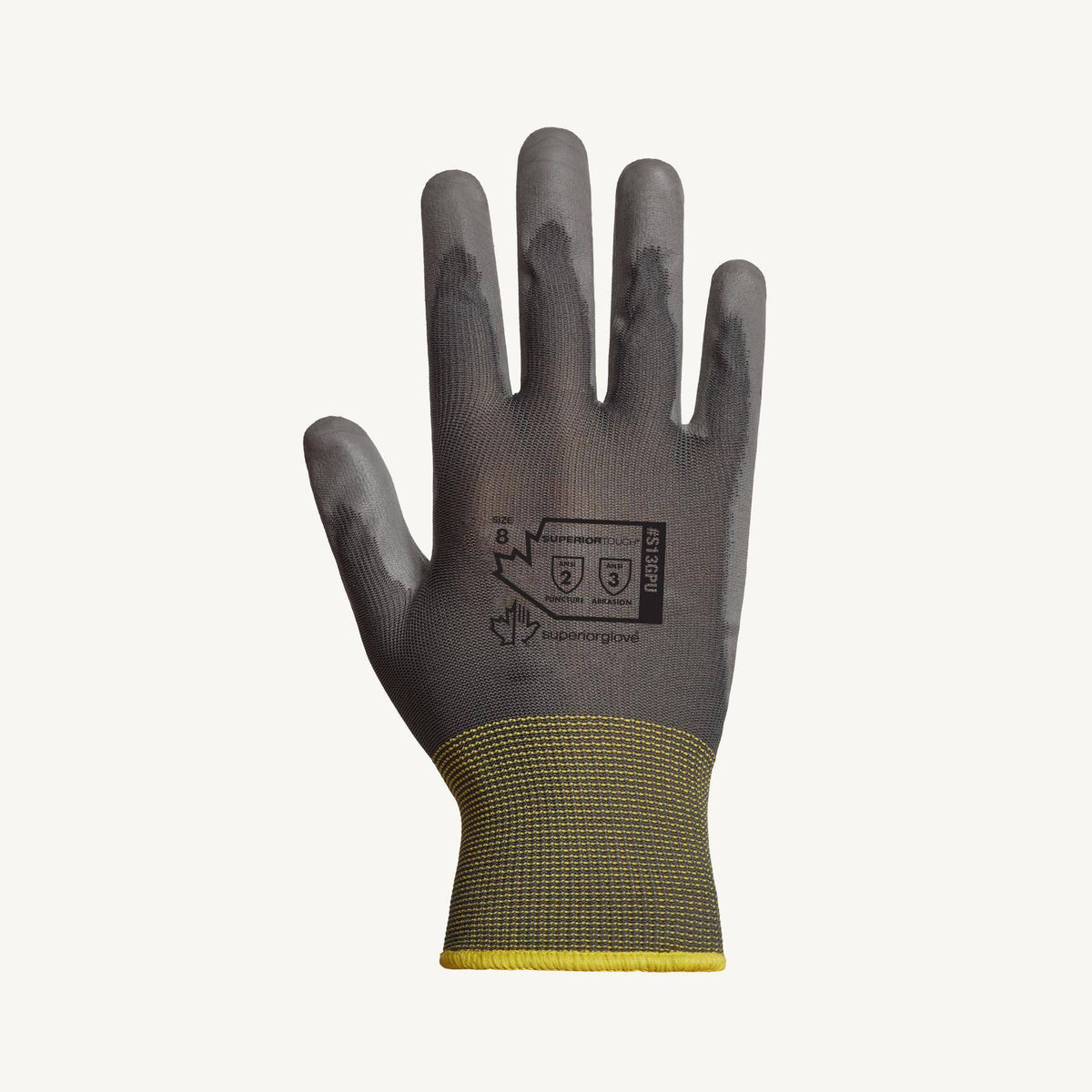 Grey Superior Glove Superior Touch S13GPU-11 knit nylon reusable gloves with polyurethane-coated palms, size 11.