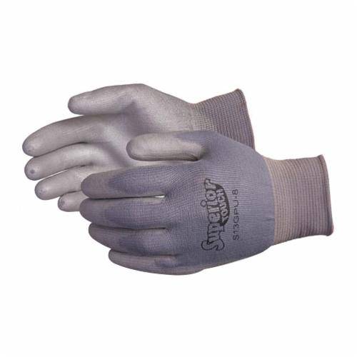 Grey knit nylon gloves with polyurethane-coated palms from Superior Glove Superior Touch S13GPU-9, size 9, reusable work gloves.