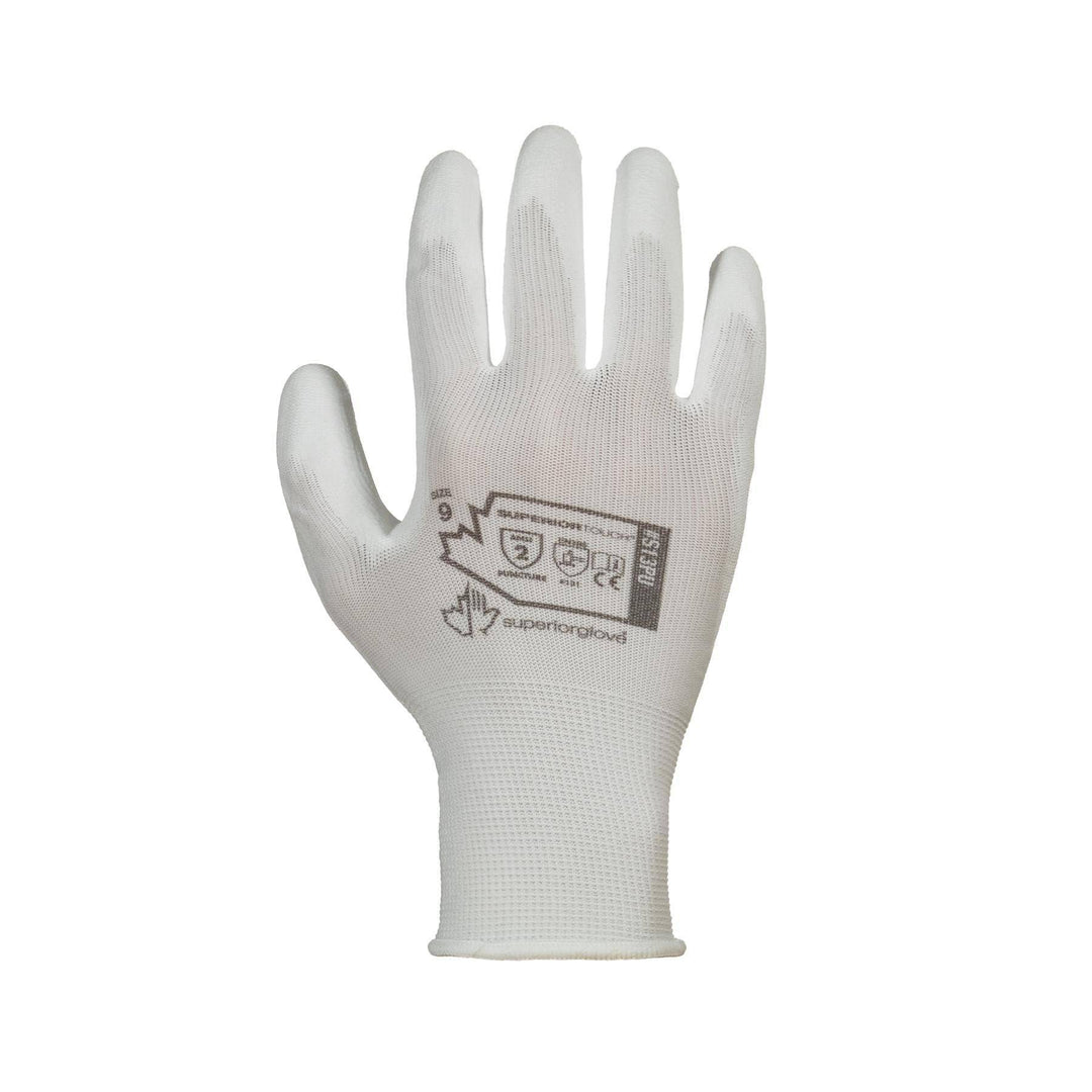 Superior Glove Superior Touch S13PU-5TOY nylon reusable gloves with polyurethane-coated palms in white, size 5, silicone-free.