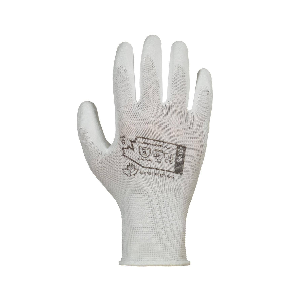 White Superior Glove Superior Touch S13PU-8TOY reusable nylon gloves with polyurethane coated palms, size 8, silicone-free.