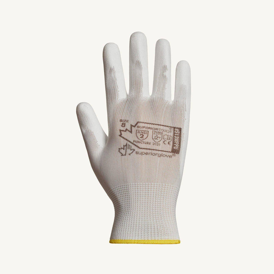 White Superior Glove Superior Touch S13WPPU-5 polyester reusable gloves with polyurethane-coated palms, size 5.