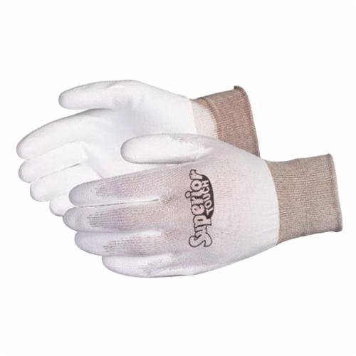 White polyester reusable gloves with polyurethane-coated palms from Superior Glove, size 7, designed for durability and grip.