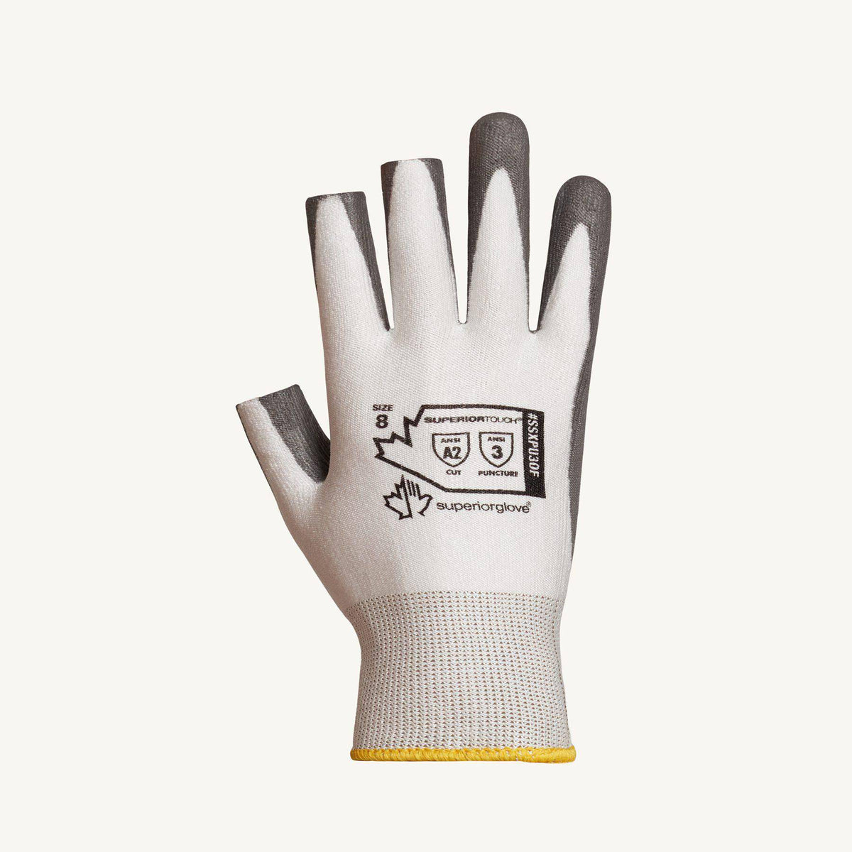 Superior Glove Superior Touch SSXPU3OF-8 Dyneema gloves with polyurethane palm and three open fingers, size 8, reusable work gloves.