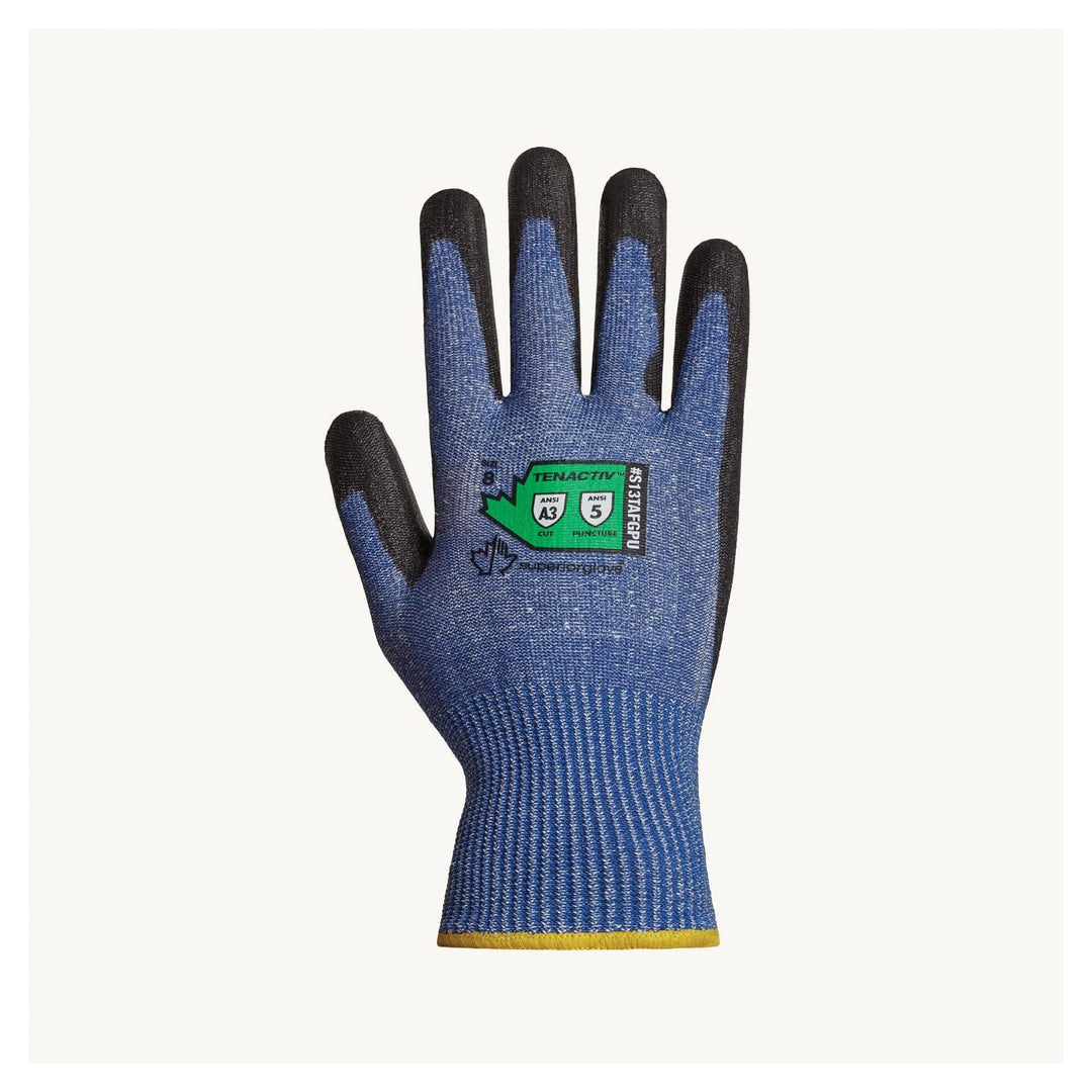 Superior Glove TenActiv S13TAFGPU6 cut-resistant reusable gloves with black polyurethane-coated palms in blue, size 6.