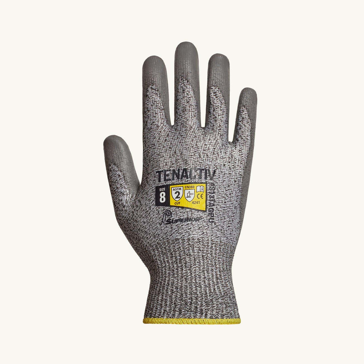 Grey Superior Glove TenActiv S13TAGPU-5 cut-resistant reusable gloves with polyurethane-coated palms, size 5.