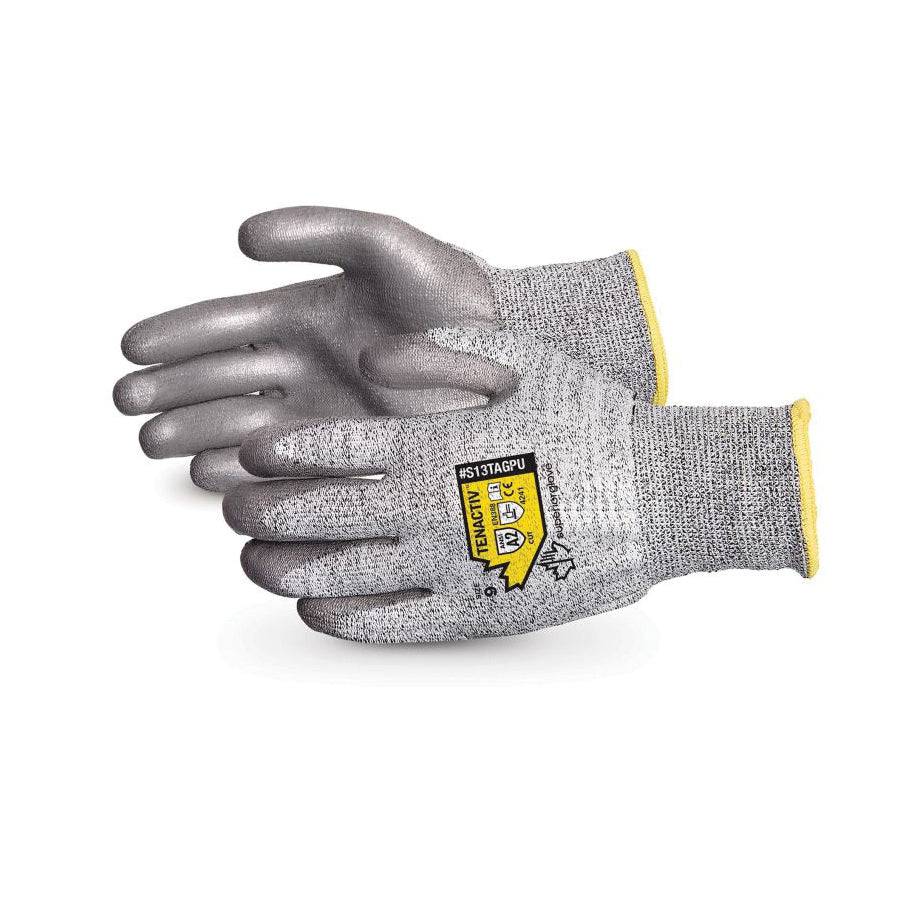 Grey Superior Glove TenActiv S13TAGPU-6 cut-resistant reusable gloves with polyurethane-coated palms, size 6, high-performance safety hand protection.