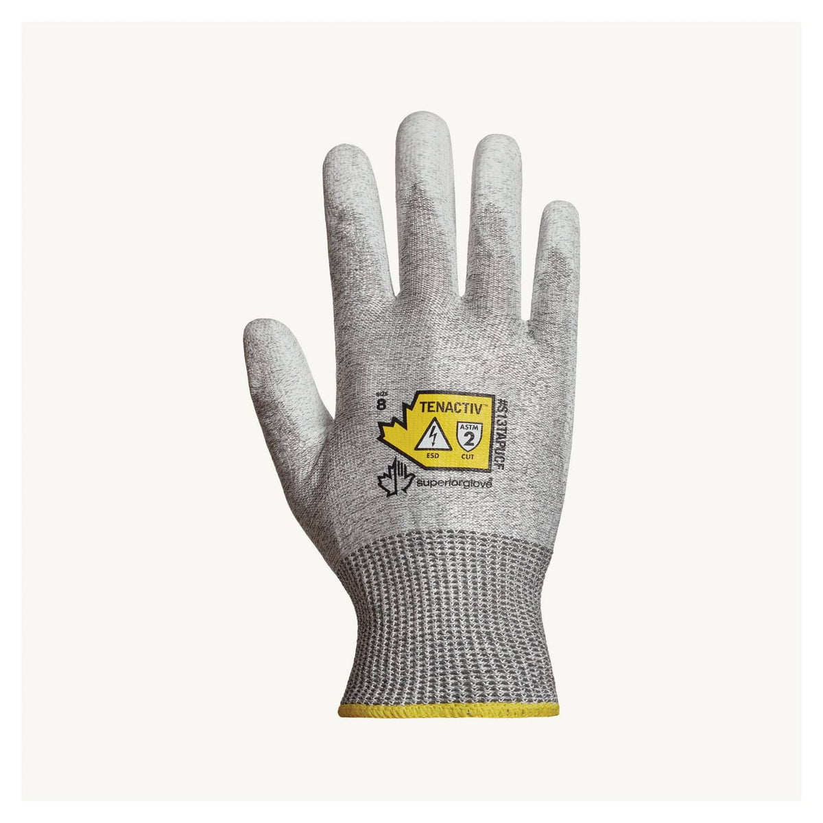 Superior Glove TenActiv S13TAPUCF5 reusable anti-static gloves with cut-resistant and ESD carbon polyurethane palms, size 5.