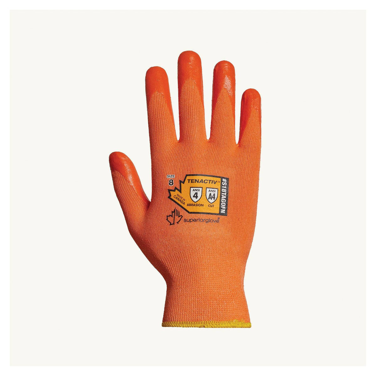 Superior Glove TenActiv Hi-Viz orange cut-resistant reusable gloves with foam nitrile palms, size 9, for safety and durability.