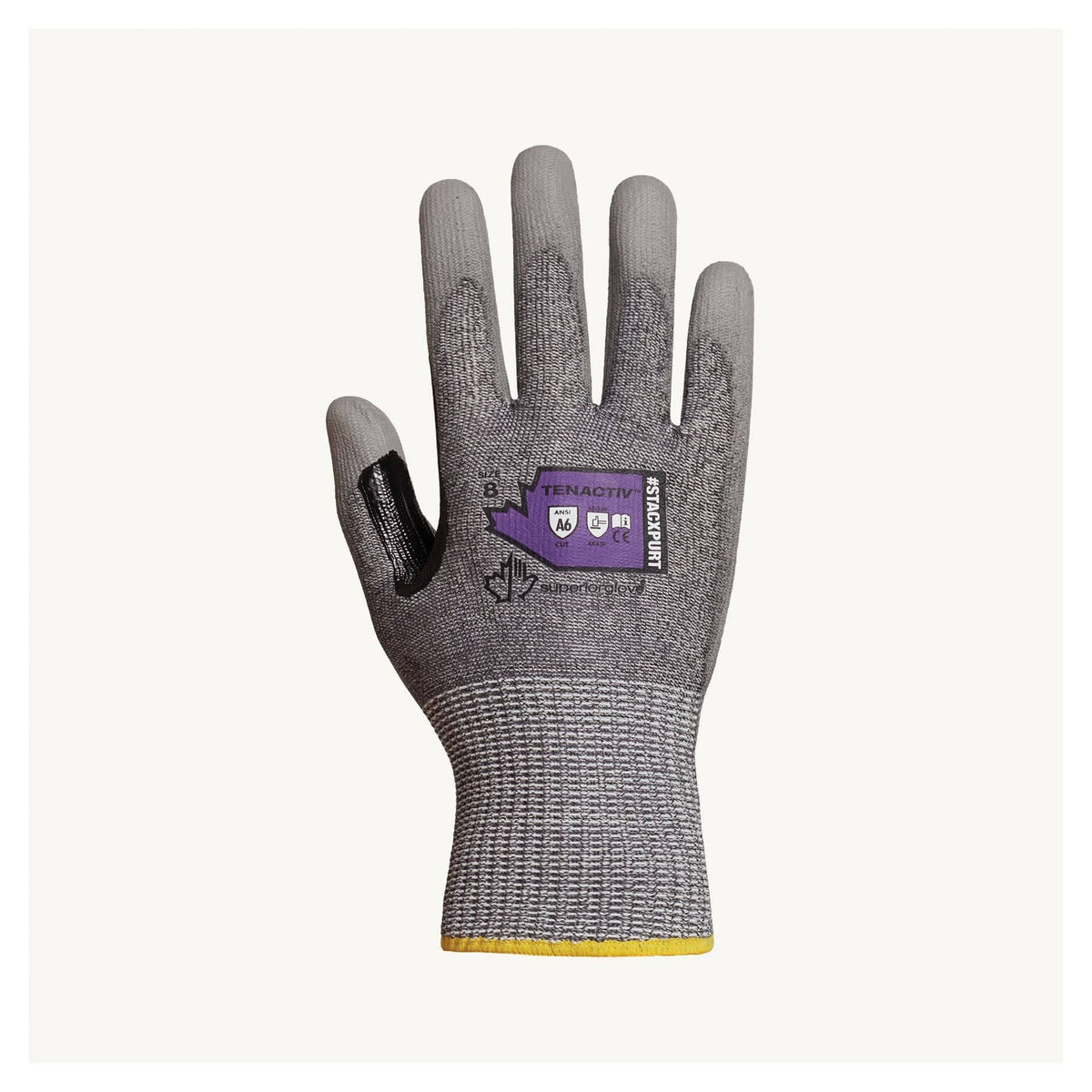 Superior Glove TenActiv STACXPURT12 reusable gloves with 13-gauge blended HPPE/steel, polyurethane palms, and reinforced thumbs, size 12.