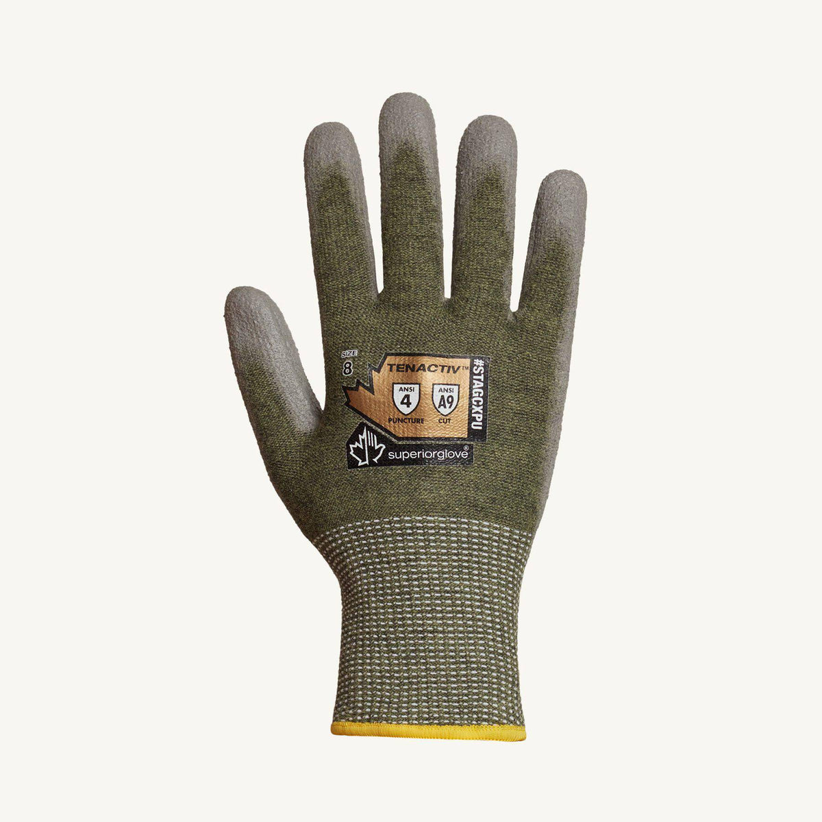 Superior Glove TenActiv STAGCXPU-5 cut-resistant knit gloves with composite fibers and polyurethane palms in grey, size 5.