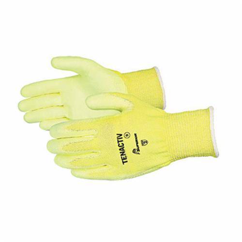 Superior Glove TenActiv Hi-Viz cut-resistant reusable gloves with polyurethane coated palms, size 6, for enhanced hand protection.