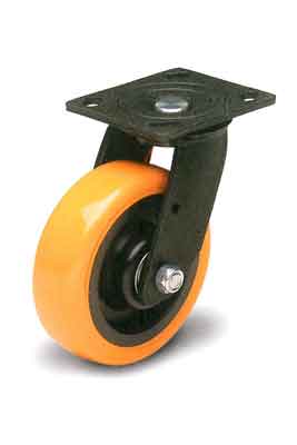 Tuff Grade 4-inch swivel caster with orange polyurethane wheel and 600 lb capacity, featuring sturdy construction and smooth swiveling.