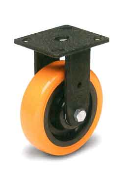 Tuff Grade 4-inch rigid caster with orange polyurethane wheel, 600 lb capacity, ideal for heavy-duty industrial carts and equipment.