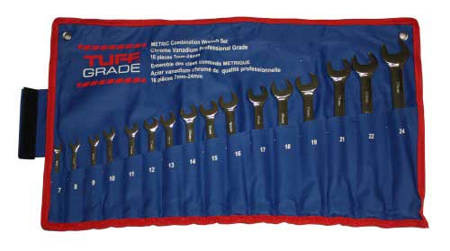 Tuff Grade 16-piece combination wrench set with 7 to 24mm open-end wrenches arranged in a case.