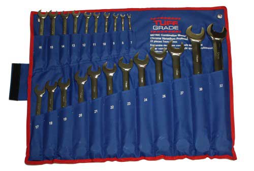 Tuff Grade 22-piece combination wrench set with sizes from 7mm to 32mm arranged on a white background.