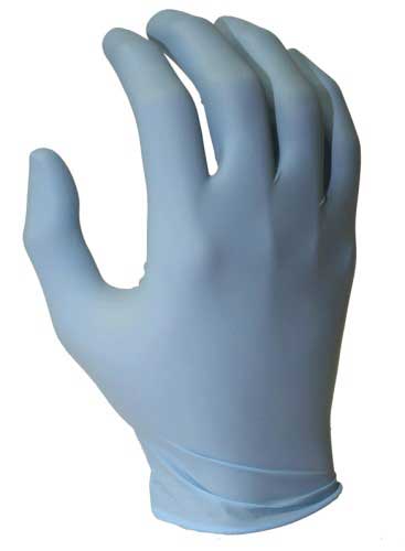 Tuff Grade disposable nitrile gloves powder-free, blue, with textured fingertips for enhanced grip.
