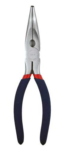 Bent long nose pliers from Tuff Grade TGHT-021-006, featuring a durable metal jaw and ergonomic handle for precision gripping.