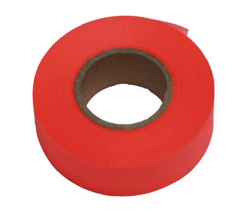 Orange Tuff Grade safety flagging tape, 1 inch by 200 feet, used for marking and safety purposes in construction and outdoor jobs.