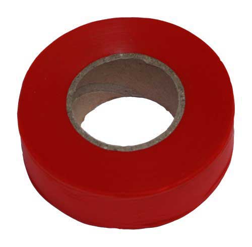 Red Tuff Grade flagging tape, 1 inch by 200 feet, used for marking and safety in construction and outdoor projects.