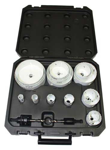Tuff Grade 19-piece Bi-Metal Hole Saw Kit with varying pitch for cutting through metal and wood applications.