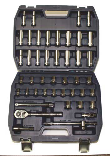 Tuff Grade 44-piece SAE and metric socket set with 3/8 inch drive, 6-point sockets, including both standard and deep sizes.