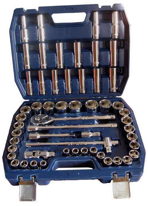 Tuff Grade 55-piece 1/2 inch drive socket set with SAE and metric 6-point sockets, ideal for mechanical and repair work.