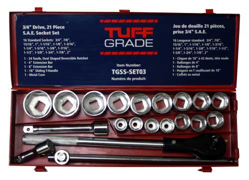 Tuff Grade TGSS-SET03 3/4-inch drive 21-piece SAE socket set with 6-point sockets for automotive and workshop use.