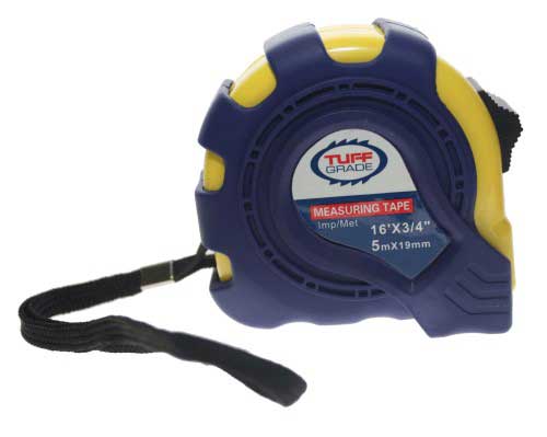 Tuff Grade TGTM-002 16-foot tape measure with 3/4 inch width, featuring imperial and metric measurements, in a sturdy design.