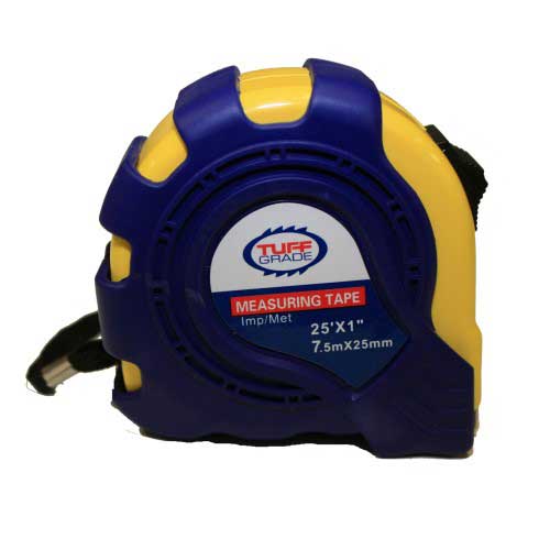 Tuff Grade TGTM-007 25-inch tape measure with magnetic tip, imperial measurement, showing the tape extended with a black casing.