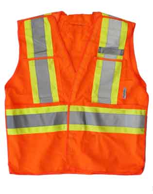 High visibility orange safety vest by Tuff Grade with two reflective stripes, size S/M for enhanced visibility and safety.