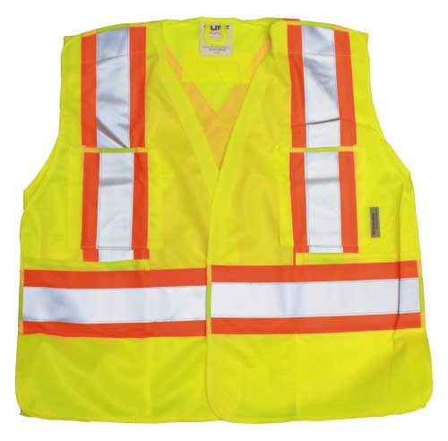 Tuff Grade high visibility lime safety vest with two reflective stripes in size S/M, designed for enhanced visibility and safety.