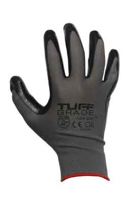 Tuff Grade TGG-200-08 work gloves with 13 gauge polyester shell and nitrile palm for durability and grip.