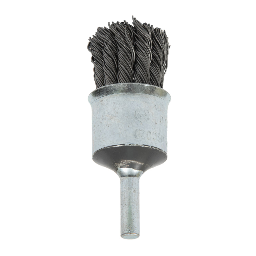 AllSteel 1-1/8 inch mounted end brush with knot twist, showing metal bristles and sturdy mounting hub for industrial cleaning.