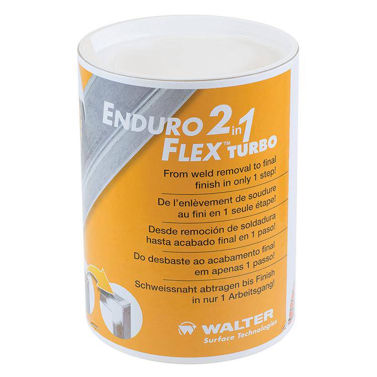 WALTER Enduro-Flex 15I501 5-inch Type 27S turbo flap disc with 2-in-1 duo grit for grinding and finishing on metal surfaces.