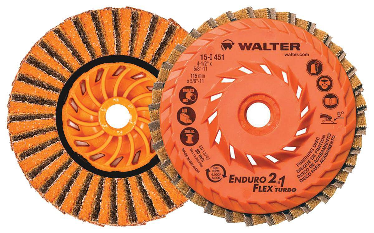 WALTER Enduroflex 15I451 4.5-inch x 5/8-inch Type 27S Duo Grit Enduro-Flex Turbo Flap Disc with 2-in-1 grit for grinding and finishing.