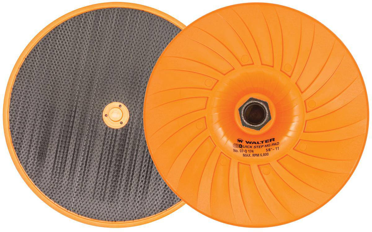 WALTER 07Q174 7-inch QS Mg backup pad for polishing and sanding, shown attached to a power tool in a workshop setting.