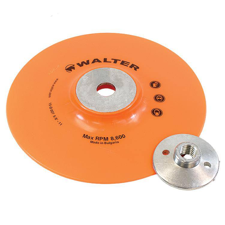 Walter 15-D 027 backup disc pads, 7-inch size with 5/8-11 threading, shown in black for industrial grinding and polishing tasks.